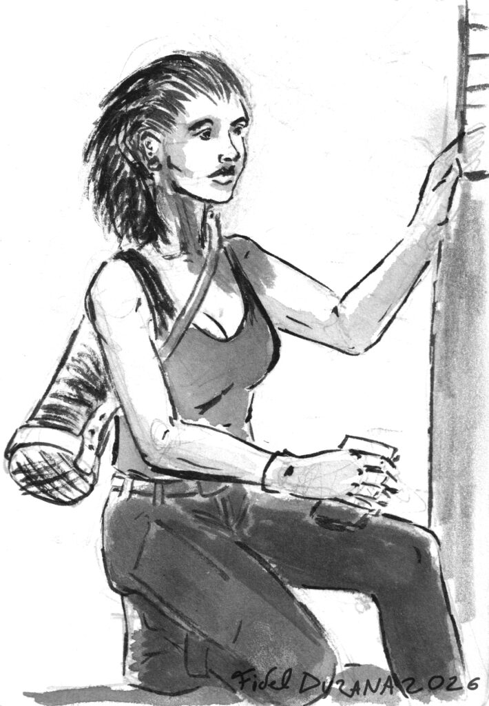 Dessin: Wanda, accroupie