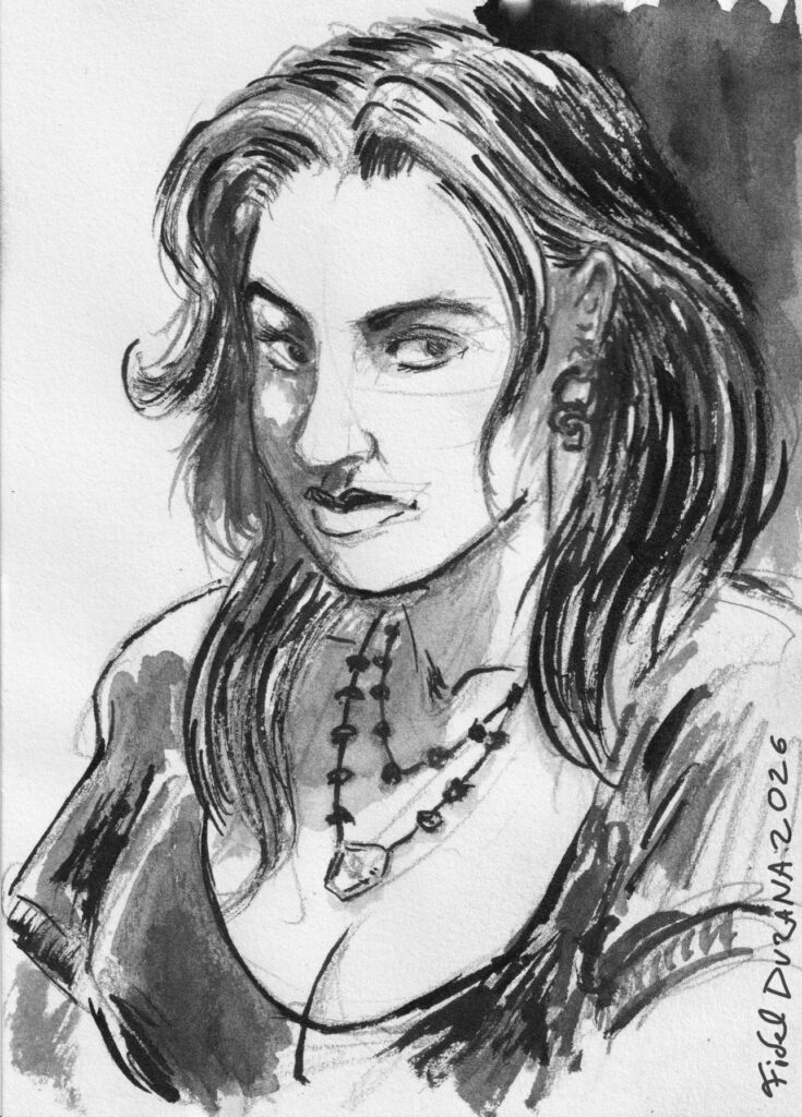 Dessin: portrait d'un personnage à l'encre de chine, au lavis et au pinceau fin.