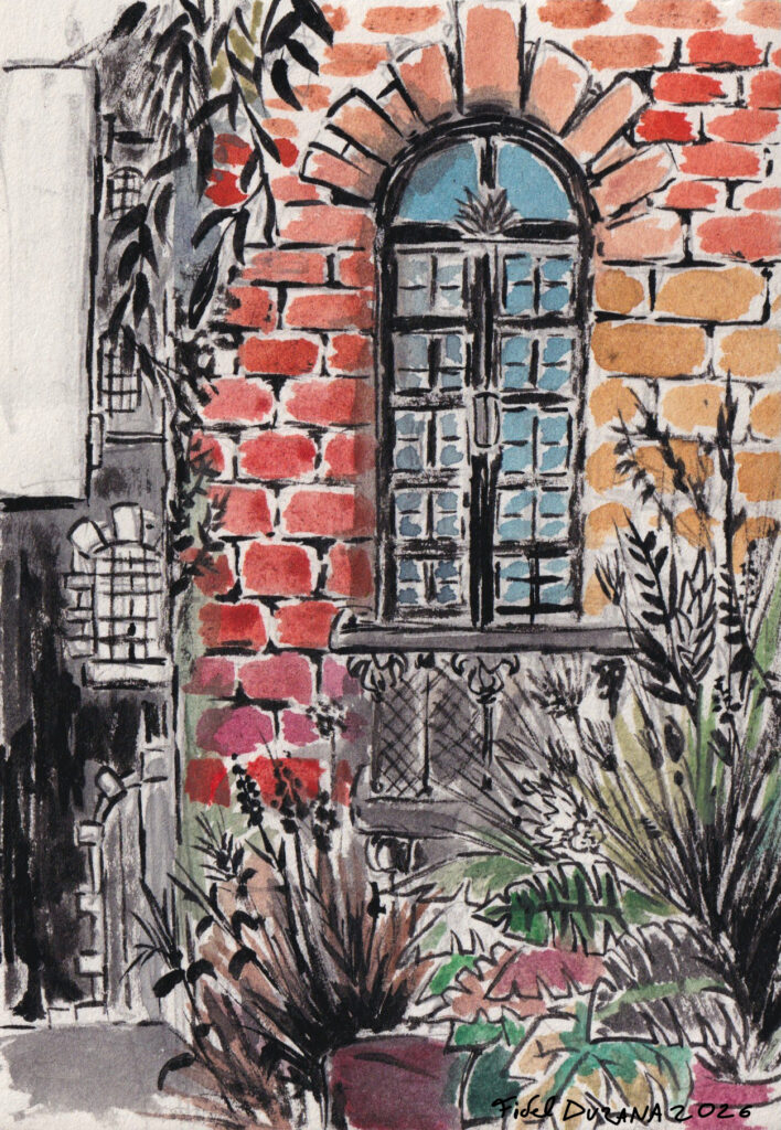 Dessin. mur ocre avec des plantes et des fleurs